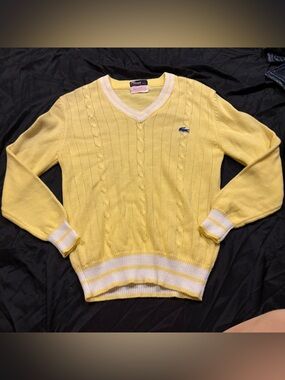 Lacoste Yellow V-Neck Cable Knit Sweater Vintage IZOD Lacoste Sweater